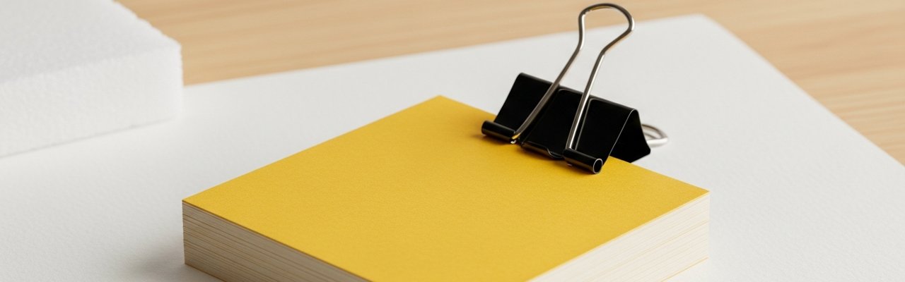 Stack of index cards with yellow top card and black binder clip — ai commercial agency.