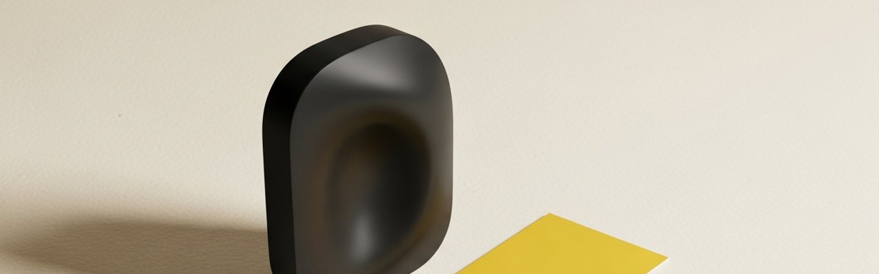Black abstract object beside a yellow paper swatch on cream surface — ai commercial budget.