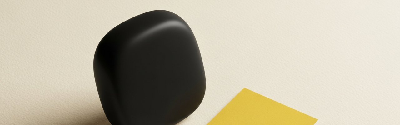 Black abstract object beside a yellow paper swatch on cream surface — ai commercial production.