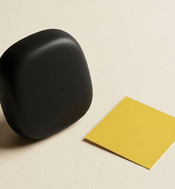Black abstract object beside a yellow paper swatch on cream surface — ai commercial production.