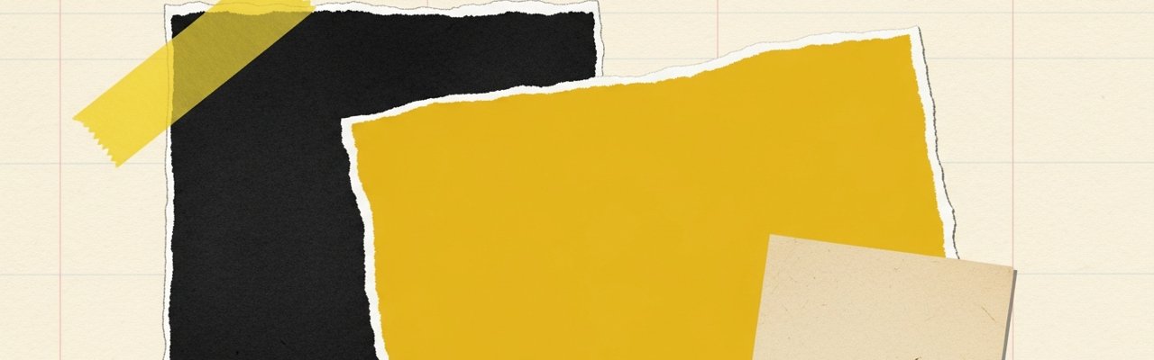 Cut-paper collage with yellow rectangle among ink and cream shapes — ai commercials vs ai ugc.