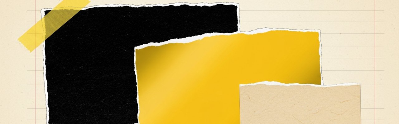 Cut-paper collage with yellow rectangle among ink and cream shapes — ai enabled ad agency.
