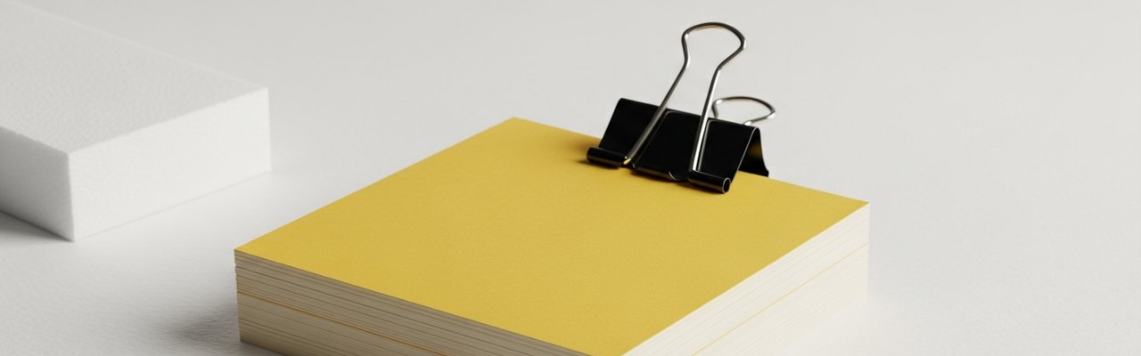 Stack of index cards with yellow top card and black binder clip — ai paid ads management.