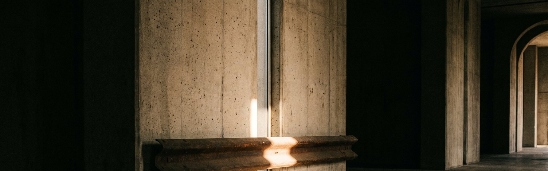 A brutalist arcade interior with a single sun blade striking an oxidized steel rail on a concrete wall. -- AI UGC conversion benchmarks 2026