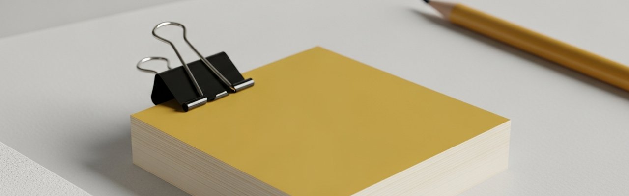 Stack of index cards with yellow top card and black binder clip — ai ugc vs human ugc.
