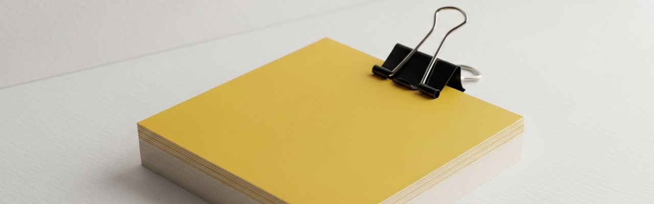Stack of index cards with yellow top card and black binder clip — dtc video ad.