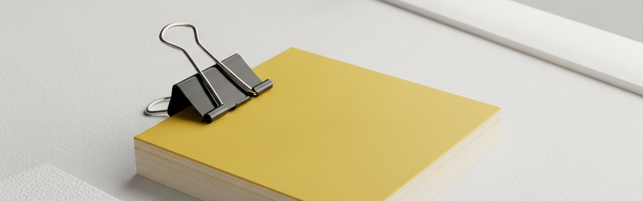 Stack of index cards with yellow top card and black binder clip — ai native agency.