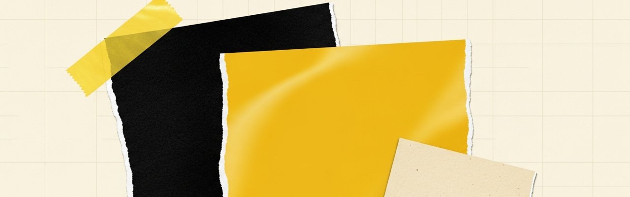Cut-paper collage with yellow rectangle among ink and cream shapes — meta ugc ads strategy.