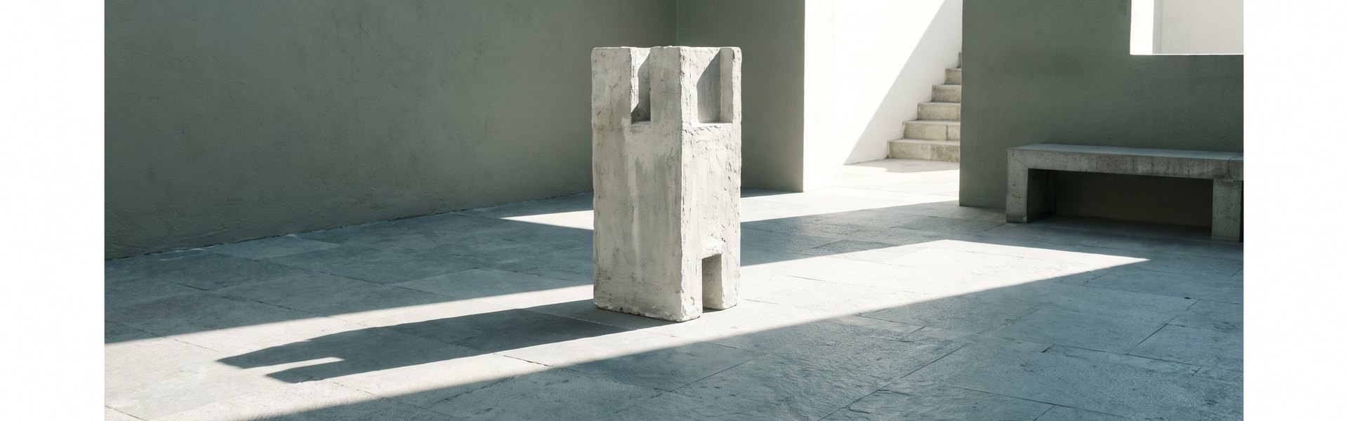 A solitary unpainted plaster maquette sits on a cool stone floor, under hard light and shadow, with a bright doorway on a muted wall -- Pencil alternatives.