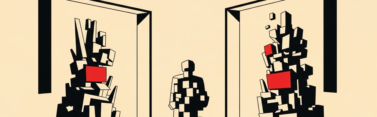 Swiss editorial poster with yellow rectangle and ink triangle — performance marketing vs creative.