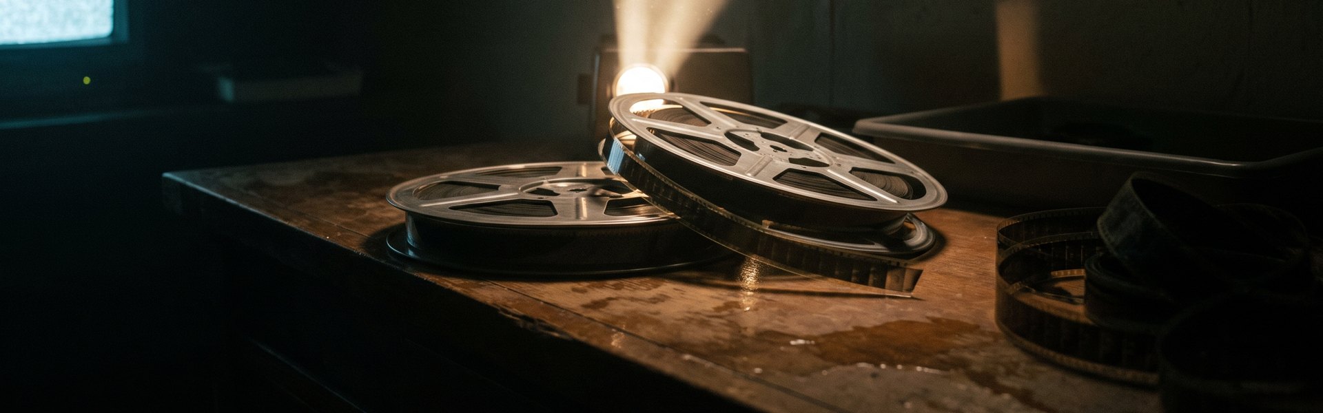 Two steel film reels on a dark counter, illuminated by a projector beam, with a distant CRT showing static -- runway vs pika for commercials