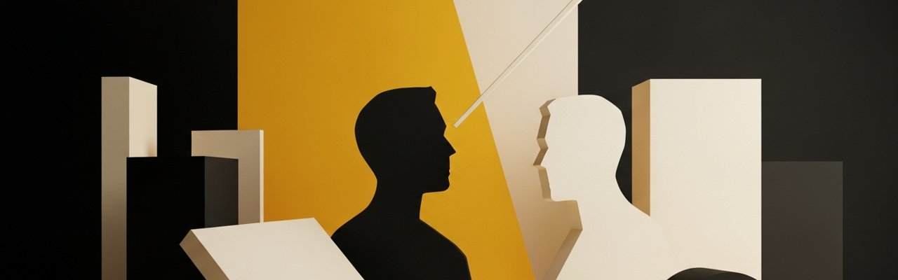Cut-paper collage with yellow rectangle among ink and cream shapes — social content engine.