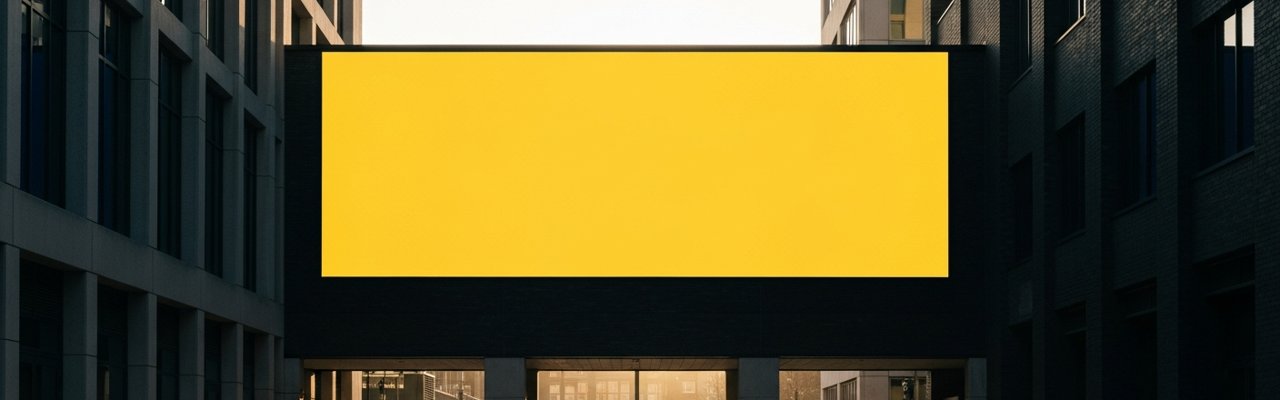 Urban scene with large yellow blank billboard dominating the frame — social media content strategy template.