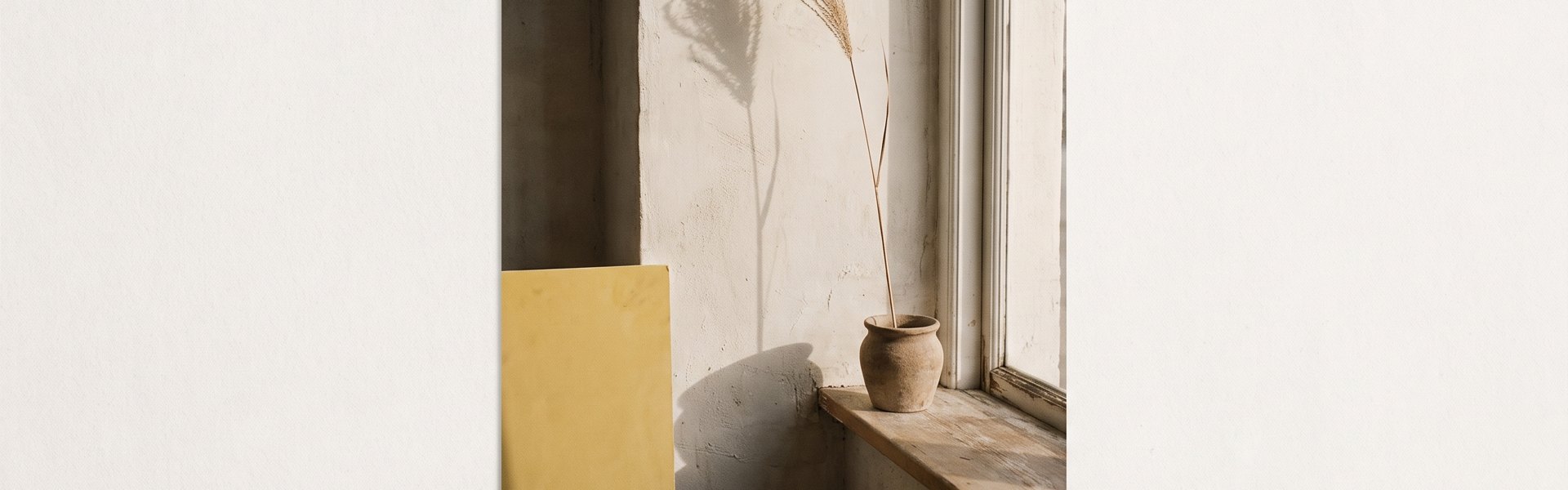 A single dried grass stem in a clay vessel casts a shadow on a plaster wall next to a chrome-yellow painted wall plane -- Creative Refresh Cadence Model
