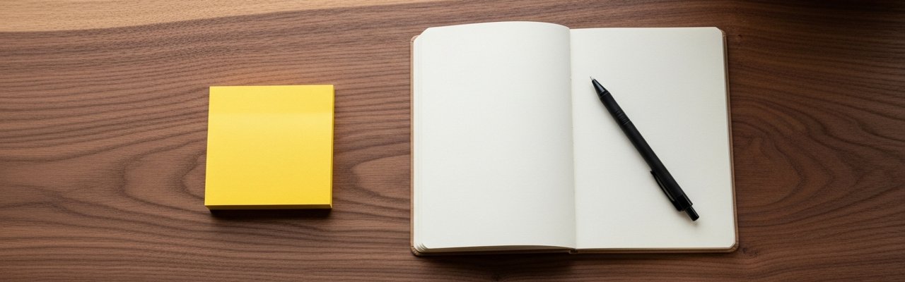 Walnut desk flat-lay with yellow sticky-note pad among work tools — the rise of ai ugc.
