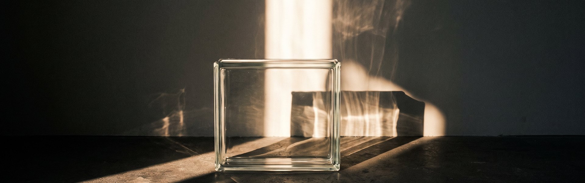 A large, clear glass block rests on a dark concrete floor, casting distorted light and shadow on a grey wall -- Synthetic Creator Trust Index.